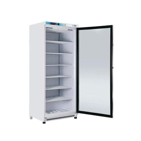 Legit 21 Cubic Feet Glass Door Freezer With Digital Temp Control And Adjustable Shelves Heavy Duty Steel Exterior open with empty shelves.