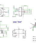 Technical diagram of Five Pack Of 10x10mm 6 Pin Five Way Momentary Tactile Pushbutton Switches For DIY Electronics and PCB Projects