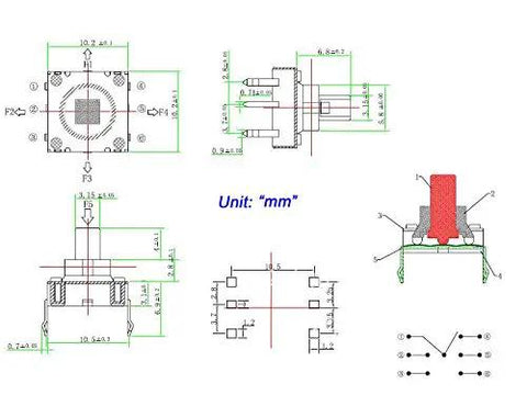 Technical diagram of Five Pack Of 10x10mm 6 Pin Five Way Momentary Tactile Pushbutton Switches For DIY Electronics and PCB Projects