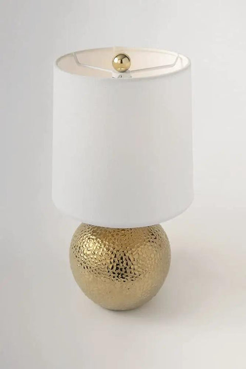 Heather Table Lamp in Gold with Linen Shade, modern end table lamp for nightstand and small spaces, cozy incandescent glow