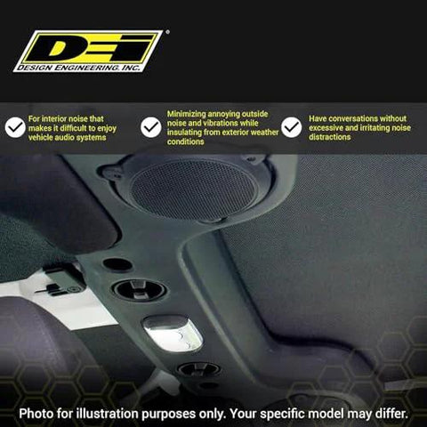Design Engineering Boom Mat black sound-deadening headliner, installed in 4-door Jeep Wrangler JL interior roof panel.
