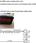 One Meter Stroke Linear String Pot Encoder Sensor With 6 Digit Digital Counter Display showing settings schematic