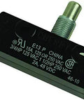 Heavy Duty Snap Action Microswitch With Spring Plunger Actuator And Screw Terminals Rated Fifteen Amps SPDT layout side view with gold terminals.