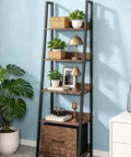 Straight Up Sturdy Industrial Ladder Shelf With Fabric Drawers Heavy Duty Wood And Steel Bookcase Anti Tip Safety Kit Rustic Brown Finish with potted plants and decor.