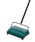 No Sweat Built Tough Manual Floor Sweeper Features Six Point Five Inch Cleaning Path Fully Flexible Floating Head Corner Brush Plus Rapid Empty Single Rubber Rotor Frame In Bright Green.