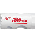 Milwaukee Hole Dozer ice-hardened hole saw, white body with red logo, side view.