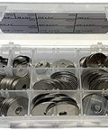Assortment of 316 stainless steel fender washers in a clear plastic storage box, front view