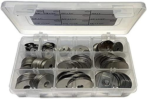 Assortment of 316 stainless steel fender washers in a clear plastic storage box, front view
