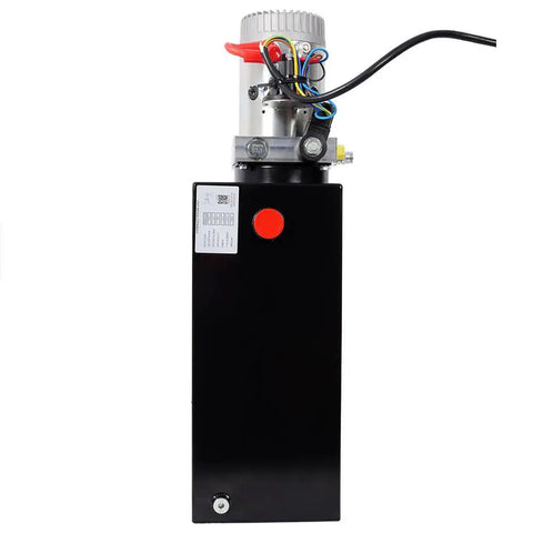 Heavy Duty 12V DC Hydraulic Power Unit With 3HP Pump And 8 Quart Steel Reservoir side view showing pump and reservoir.
