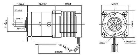 Geared stepper motor with 19:1 planetary gearbox, NEMA 14, dimensioned side and front views with wiring