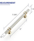 Two Tone Brushed Nickel And Gold Cabinet Pulls 7.38 Inch And 5 Inch Center To Center 30 Pack with measurements displayed