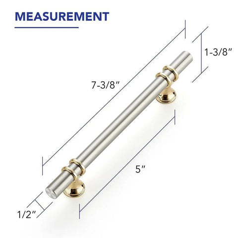 Two Tone Brushed Nickel And Gold Cabinet Pulls 7.38 Inch And 5 Inch Center To Center 30 Pack with measurements displayed