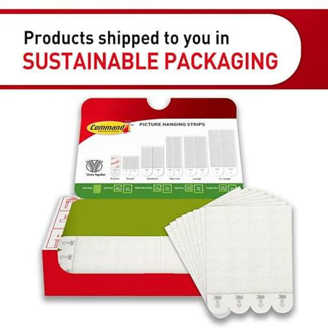 Open box of Large Picture Hanging Strips Set for Frames Up To 24 x 36 Inches, 28 Strips, 14 Pairs, White Adhesive, sustainable packaging