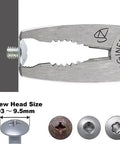 Close-up of Stripped Screw Removal Pliers gripping a screw, showing serrated jaws and size range Ø3-9.5mm.