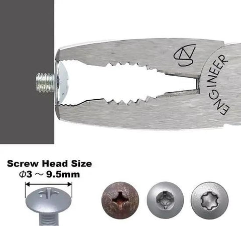 Close-up of Stripped Screw Removal Pliers gripping a screw, showing serrated jaws and size range Ø3-9.5mm.