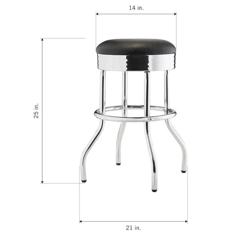 Heavy Duty 25-Inch Backless Swivel Bar Stool With Chrome Finish And Faux Leather Seat For Kitchen Garage Or Workshop Black 300 Lb Capacity 1 Pack Durable Industrial-Grade Build, side view with dimensions