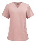 Front view of pink V Neck Quick Dry Scrub Set For Beauty Salons And Pet Shops Pink XL 3 Piece Workwear Top Uniform with pockets