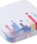 Front view of ZEISS lens cleaning tin boxes with hinged lids; white tins with colorful abstract pattern, pack of 4