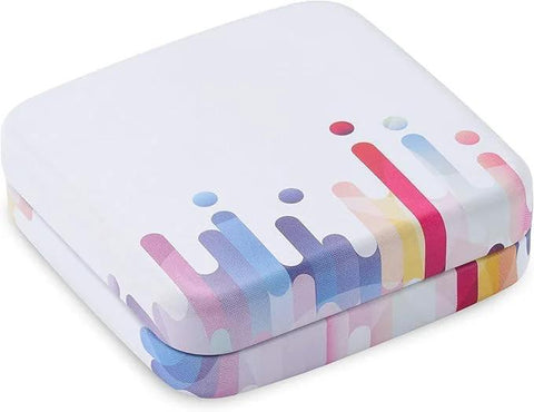 Front view of ZEISS lens cleaning tin boxes with hinged lids; white tins with colorful abstract pattern, pack of 4