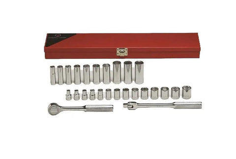 Three Eighth Inch Drive Socket Set, 27-Piece Metric 6-Point Standard and Deep Sockets, 6mm Through 19mm, with red case