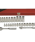 Three Eighth Inch Drive Socket Set, 27-Piece Metric 6-Point Standard and Deep Sockets, 6mm Through 19mm displayed with metal case