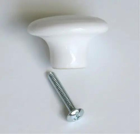 White ceramic drawer knob with silver screw for installation, part of Snag These Rad Old Red Tractor Ceramic Drawer Knobs For Kids Bedroom Decor Kick Up Your Rustic Farmhouse Cabinet Pull Handles With A Smooth Diy Room Refresh Single Piece.