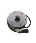 Front view of round electromagnetic brake with metal housing, central splined bore, and attached wiring connector.