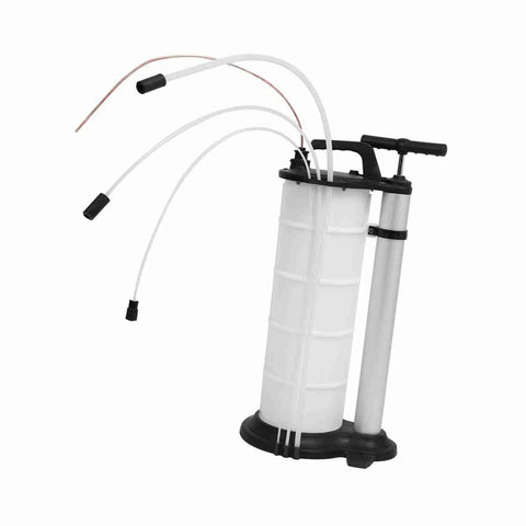 Heavy Duty Manual Oil Transfer Pump With 9L Capacity And Long Hose, metal and plastic construction for fluid extraction.