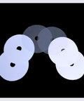 Six Piece Color Coded Shim Set For Six Inch Or Eight Inch Stacked Dado Blades In Durable Plastic With Four Inch Diameter And Five Eighth Inch Bore Includes.005.010 And.020 Inch Shims, shown against a black background