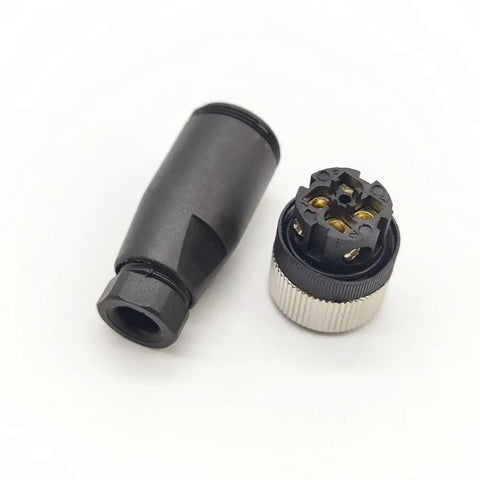 Two Pack M12 Four Pin A Code Female Circular Connector IP67 Sensor Plug components black and silver, close-up view.