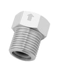 Close-up of stainless steel 1/2-in male-to-female check valve with hex nut, one-way