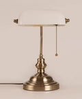 White Matte Glass Banker Desk Lamp in Retro Bronze Finish with Rotatable Lampshade, Pull Switch, Plug In Fixture on Table
