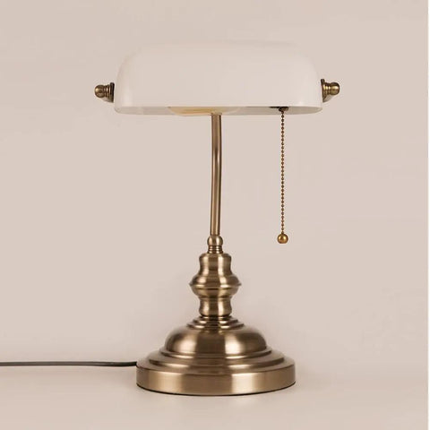 White Matte Glass Banker Desk Lamp in Retro Bronze Finish with Rotatable Lampshade, Pull Switch, Plug In Fixture on Table