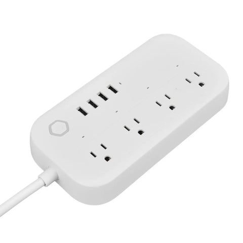 Smart Power Strip Featuring Voice Control And Four USB Ports Tuya App Integration close-up with separate switches.
