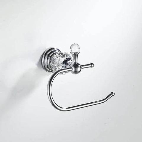 Crystal Bathroom Hardware Set With Retractable Towel Bar Chrome Finish 18.5 to 30.8 Inch Adjustable Includes Toilet Paper Holder Towel Ring Coat Hooks Wall Mounted 4 Piece Bath Accessory Kit wall-mounted toilet paper holder with crystal accent and chrome finish.