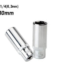 Impact Ready 10mm Deep Socket Set With 1/4 Drive Six Point Chrome Vanadium Alloy Design For Tough Car Repair And Household Tool Jobs That Are Heavy Duty., 10mm deep socket 1/4in chrome vanadium, two angled views
