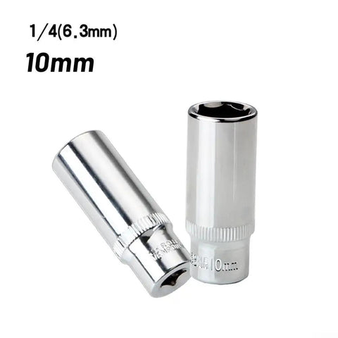 Impact Ready 10mm Deep Socket Set With 1/4 Drive Six Point Chrome Vanadium Alloy Design For Tough Car Repair And Household Tool Jobs That Are Heavy Duty., 10mm deep socket 1/4in chrome vanadium, two angled views