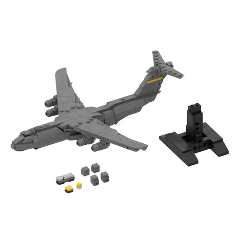 Airplane Building Kit With 367 Pieces 1 To 300 Scale C 5 Galaxy Military Cargo Transport Model with base and accessories shown
