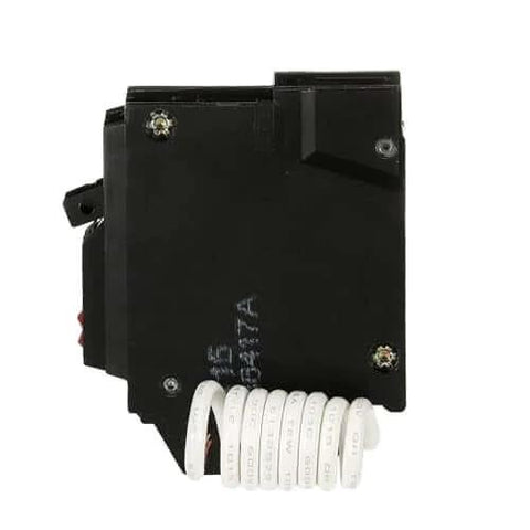 15A GFCI Circuit Breaker Single-Pole 120VAC Plug-In Self-Test Ground Fault Interrupter showing side view with coiled wire