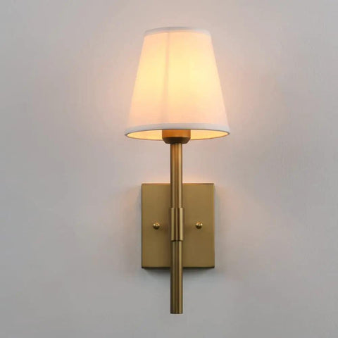 Set Of 2 Hardwired Wall Sconces With White Fabric Shade, Brass Finish Bases, Cloth Wall Mount Lighting For Living Room, Bedroom, Bathroom And Hallway, Mid Century Candlestick Style For A Warm, Cozy Home Vibe, single sconce view