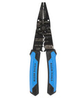Pro Grade Long Nose Wire Stripper And Crimp Tool For 10 To 20 AWG Solid And 12 To 22 AWG Stranded Wire, Heavy Duty Electrician Tool, All In One Cutter And Stripper, Made In USA showing front view with blue handles