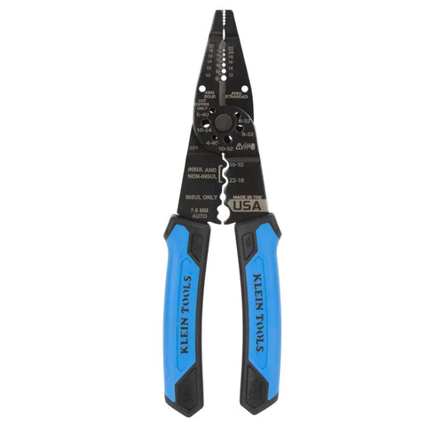Pro Grade Long Nose Wire Stripper And Crimp Tool For 10 To 20 AWG Solid And 12 To 22 AWG Stranded Wire, Heavy Duty Electrician Tool, All In One Cutter And Stripper, Made In USA showing front view with blue handles