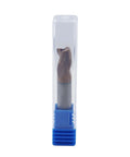 Front view of a 5/16 in solid carbide end mill, 3-flute, ZRN coated, in a clear plastic tube with blue cap