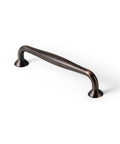 Oil Rubbed Bronze Cabinet Pulls with 5 Inch Hole Centers, single spindle style handle, deep antique warm finish, angled view