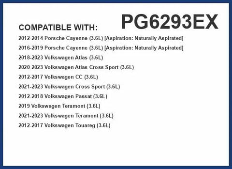 Compatibility list for PG6293EX oil filter including VW Atlas, 2020-2023 Atlas Cross Sport, Porsche Cayenne, VW Touareg and more