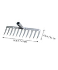 11-Prong Steel Grass Plowing Rake Heavy Duty Garden Tool For Soil Tilling And Hay Raking with measurements 16.9x4.3 inches.