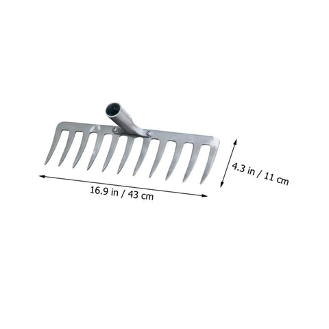 11-Prong Steel Grass Plowing Rake Heavy Duty Garden Tool For Soil Tilling And Hay Raking with measurements 16.9x4.3 inches.
