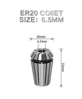 Premium High Carbon Steel ER Router Extension Rod Shank Adapter With 8mm And 1/4 And 1/2 Inch showing ER20 colet size 6.5mm dimensions.