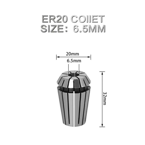 Premium High Carbon Steel ER Router Extension Rod Shank Adapter With 8mm And 1/4 And 1/2 Inch showing ER20 colet size 6.5mm dimensions.