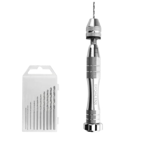 Metal hand drill and drill bits from Pro 23 Piece Model Tools Kit For Gundam And Car Model Building Craft Set With G Clamp And Precision Tools For Hobbyists And Beginners To Tinker And Assemble Repair And Fix Models.